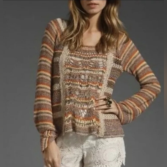 Free People Sweaters - Free People Phoenix Brown Silk Crochet Knit Striped Sweater Top M